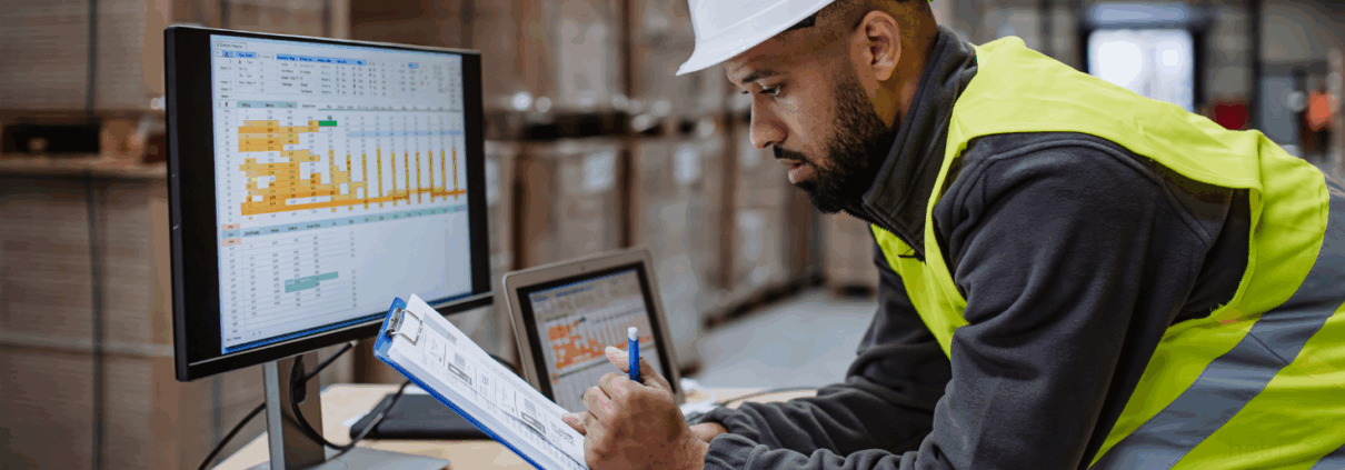 Disponent arbeitet am Computer mit GPS-Tracking-Karte, auf der Live-Standorte von Fahrzeugen sichtbar sind – Symbol für modernes Dispatching und effizientes Fuhrparkmanagement mit Novon Tracking.