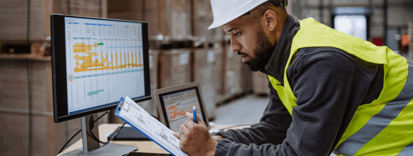 Disponent arbeitet am Computer mit GPS-Tracking-Karte, auf der Live-Standorte von Fahrzeugen sichtbar sind – Symbol für modernes Dispatching und effizientes Fuhrparkmanagement mit Novon Tracking.